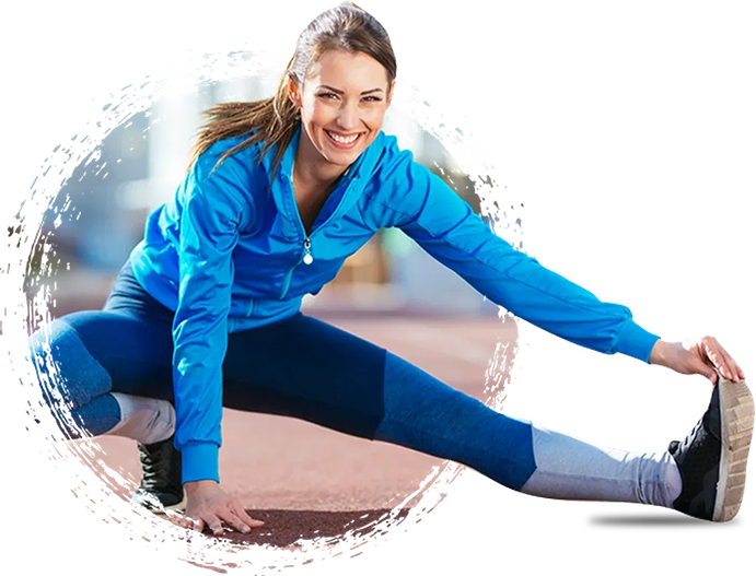 Woman stretching her leg wearing blue sportswear, smiling at the camera, isolated on a white background, guided by a Board Certified Orthopedic Surgeon.