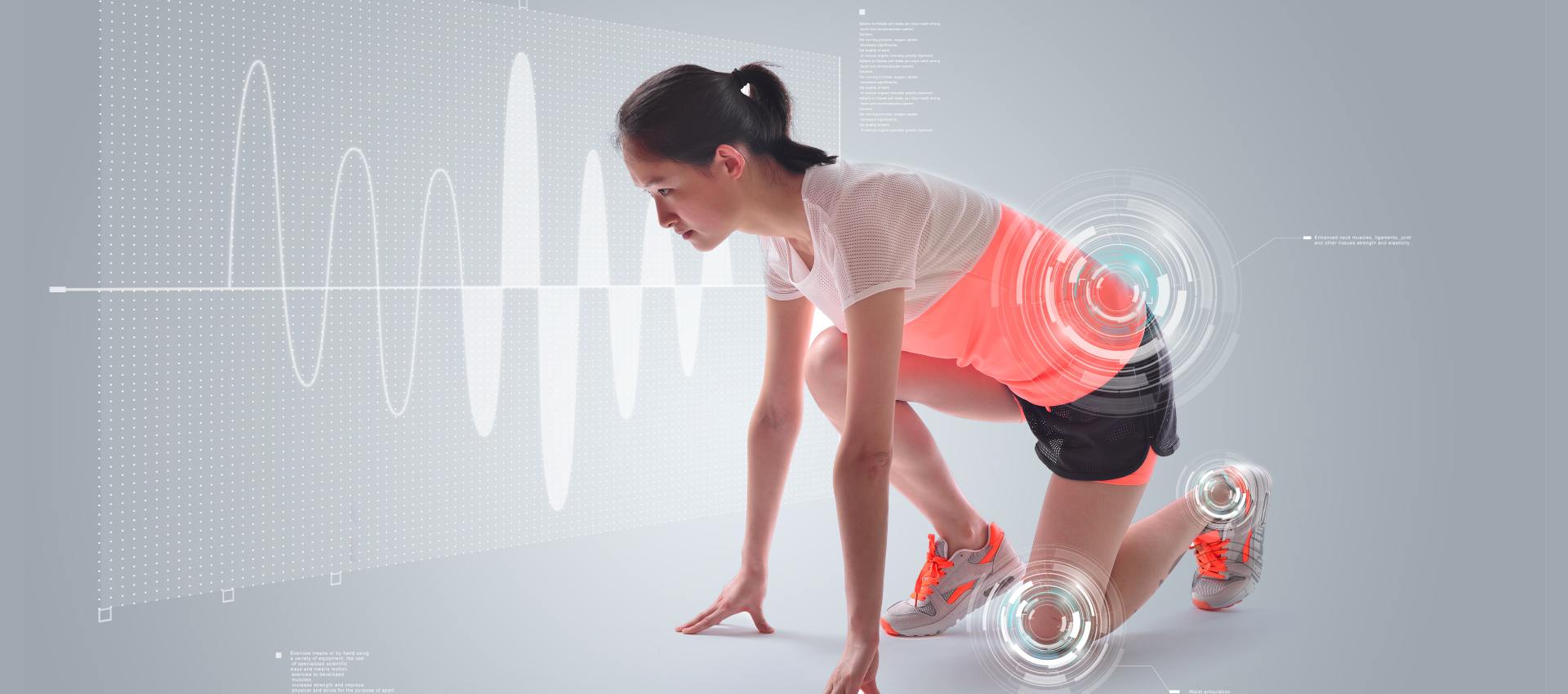 A Board Certified Orthopedic Surgeon in athletic gear crouches at a starting position, with digital graphs and data visualizations surrounding her, emphasizing motion and fitness tracking.