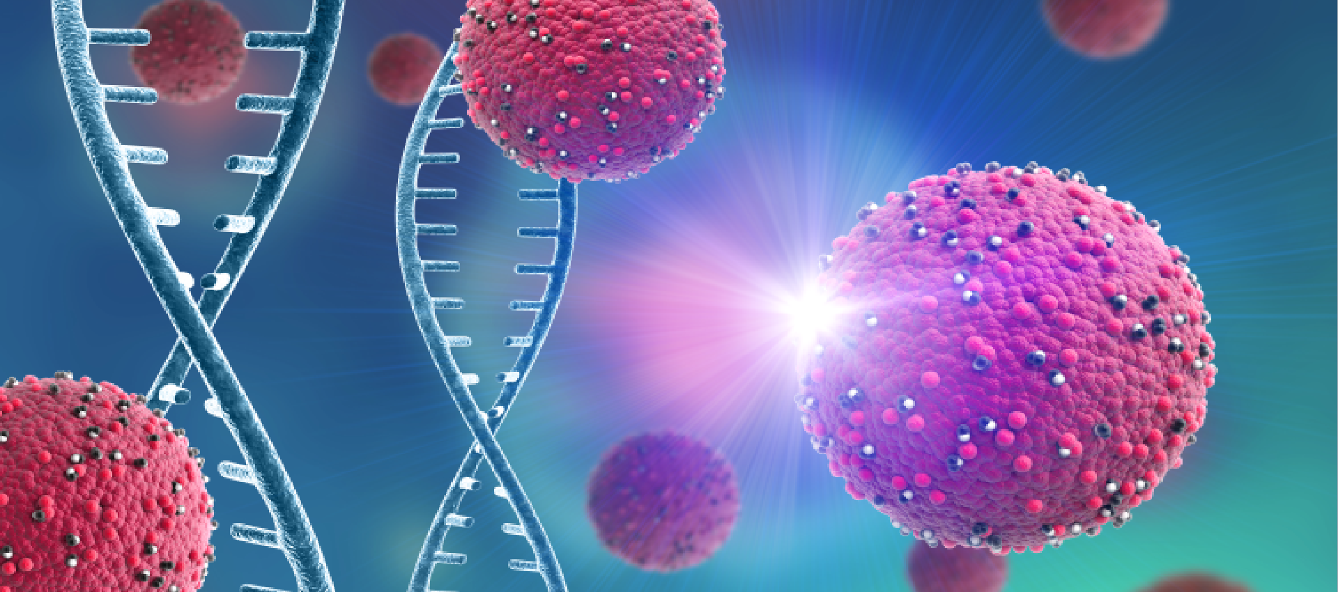 Digital illustration of pink viruses with surface spikes near a DNA strand, highlighting a board-certified orthopedic surgeon's research concept against a blue backdrop.