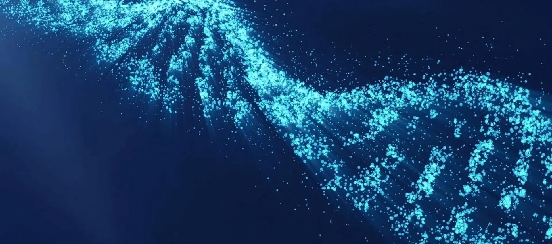 A digital animation depicting particles of light swirling and forming a glowing, dynamic wave pattern on a dark blue background.